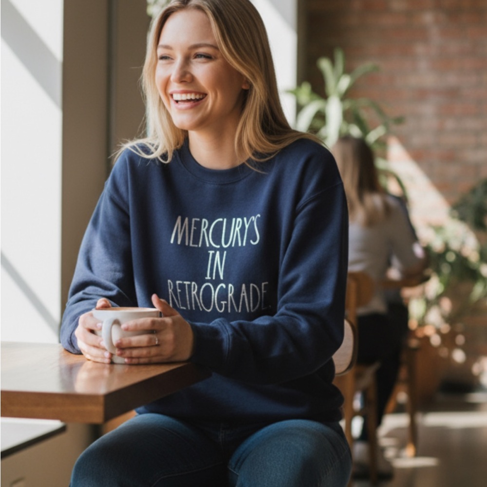 RAE DUNN Mercury in Retrograde Long Sleeve Navy Blue Sweatshirt Size Small